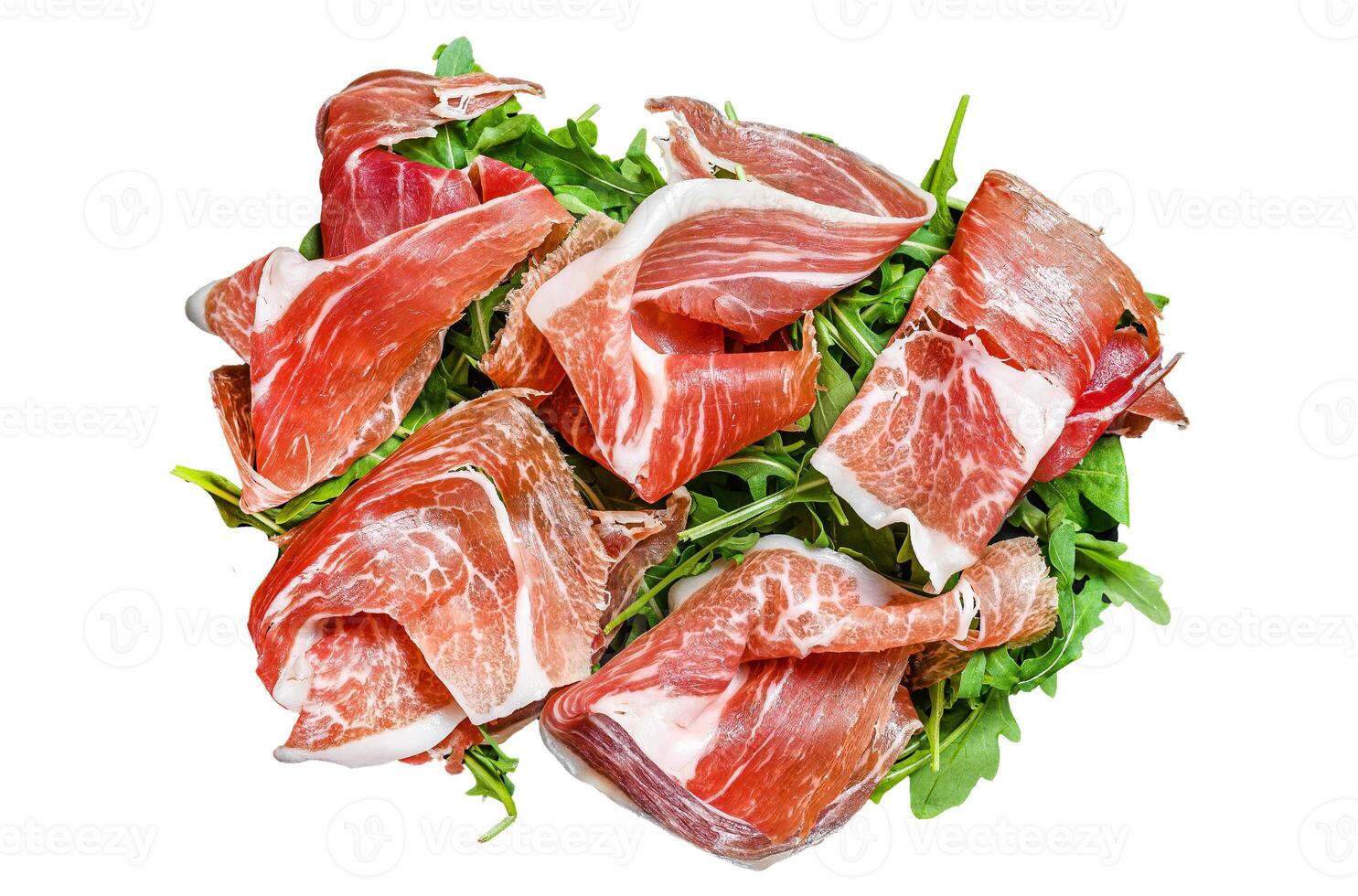 Italian parma prosciutto crudo dried ham Isolated on white background, Top view. photo