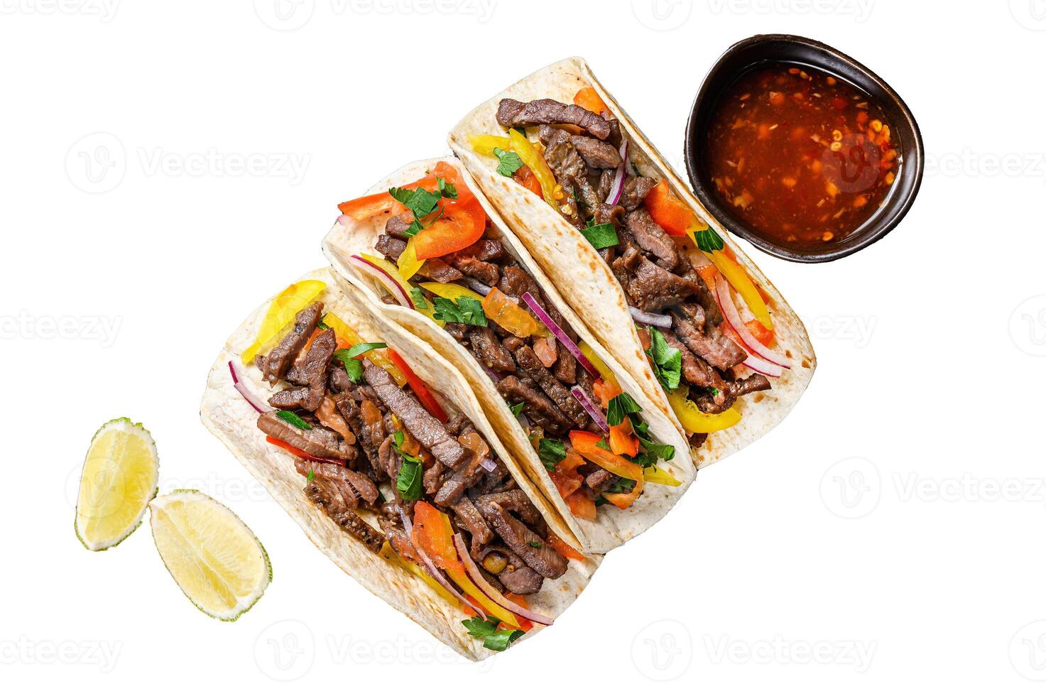 Tacos shells with pork meat, onion, tomato, sweet pepper and salsa. Mexican food. Isolated on white background, Top view. photo