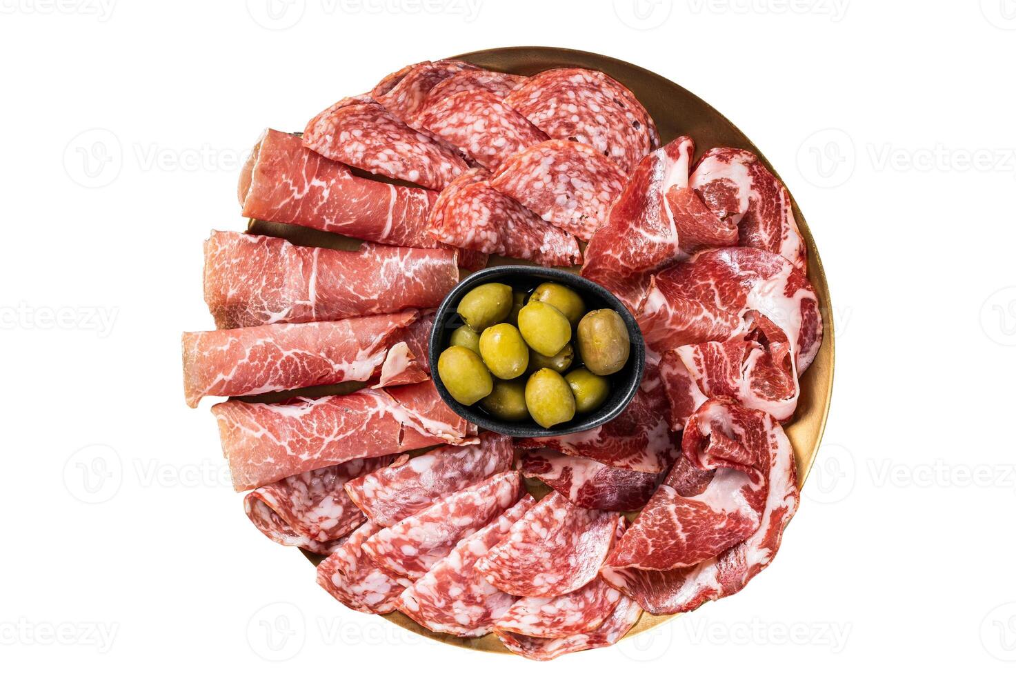 Cured meat platter of traditional Italian appetizers with Prosciutto crudo, Salami and Coppa Sausage. Isolated on white background. photo