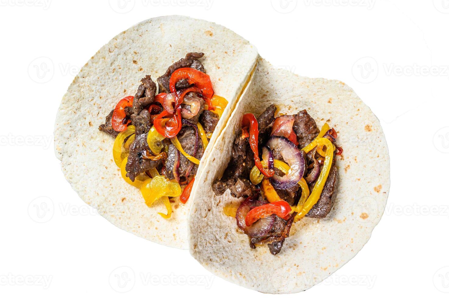 Fajitas with beef meat stripes, colored bell pepper and onions, served with tortillas and salsa. Isolated on white background. photo