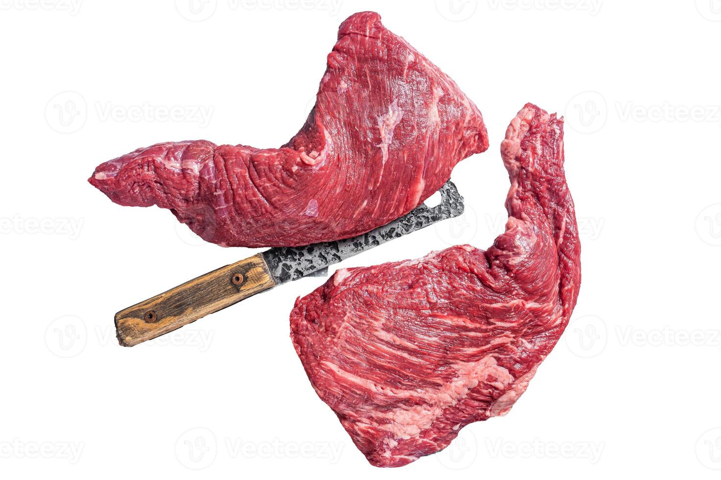 Unccoked tri-tip triangle roast, raw bottom sirloin steak on buther table with meat cleaver. Isolated, white background. photo
