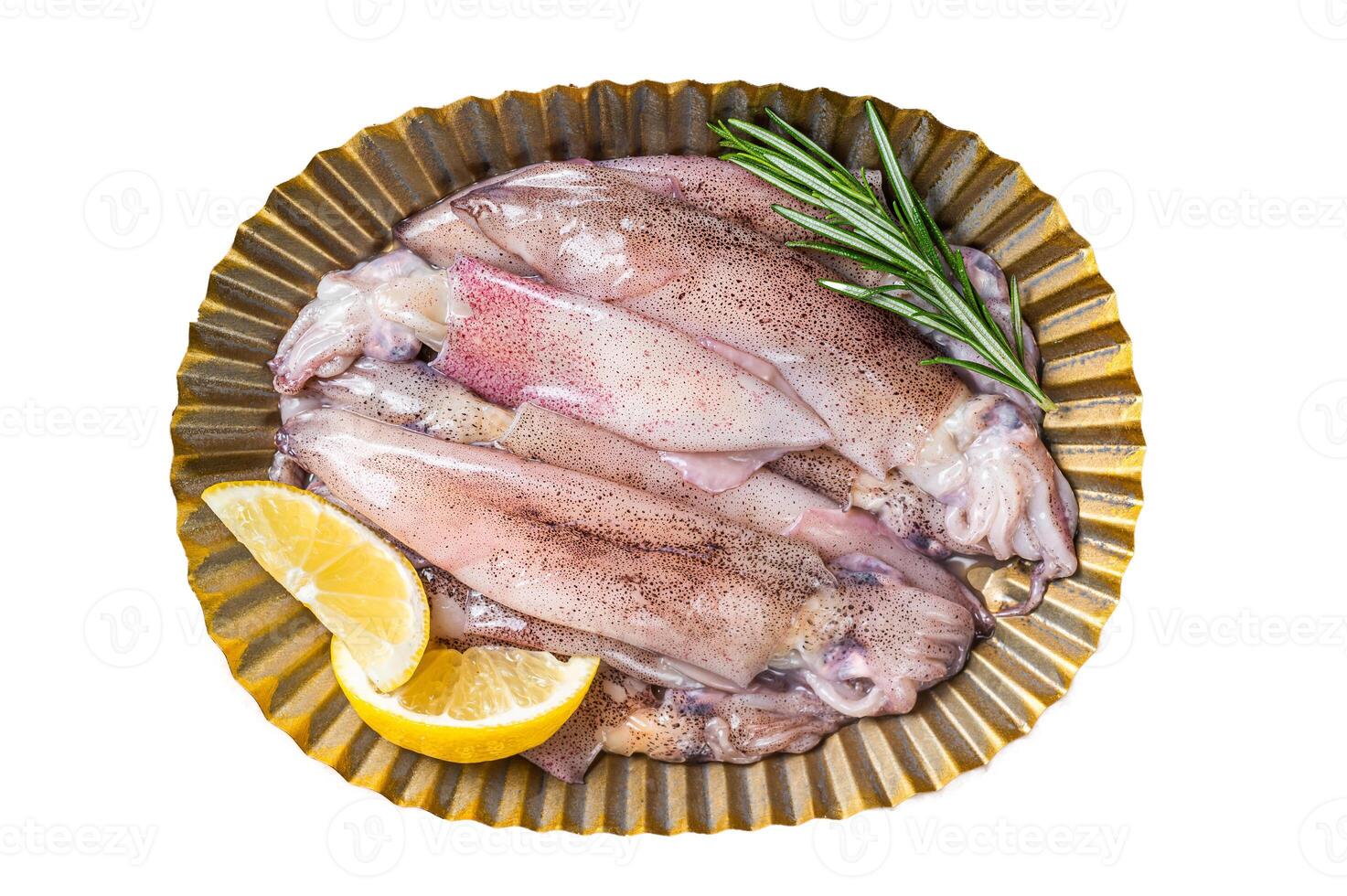 Whole Raw squid with herbs and lemon, fresh Seafood. Isolated, white background. photo