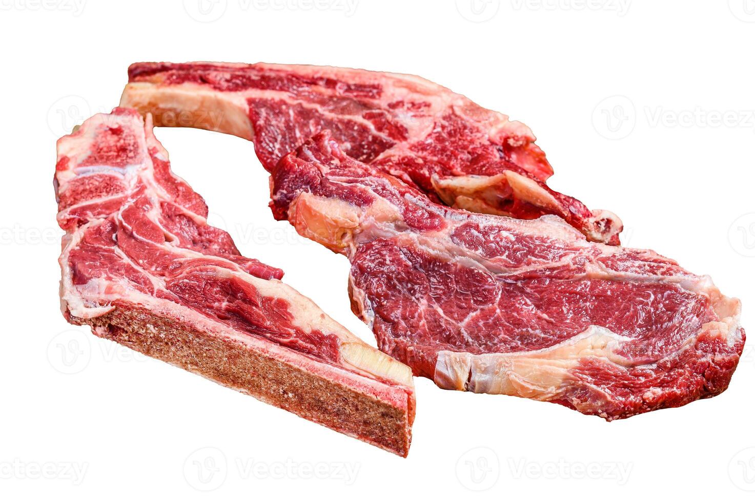Various cuts of raw beef meat. Isolated on white background. photo