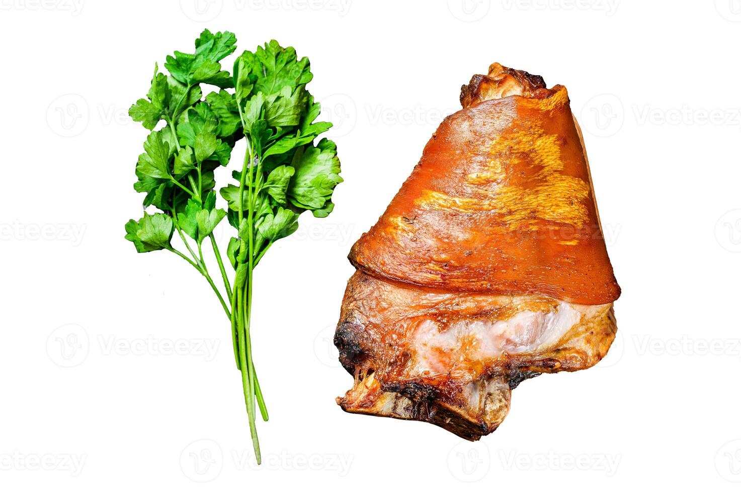 Baked pork leg eisbein. Isolated on white background. Top view. photo