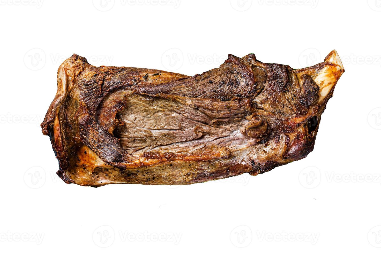 Roasted lamb mutton shoulder meat on a plate with knife and fork. Isolated on white background, top view. photo