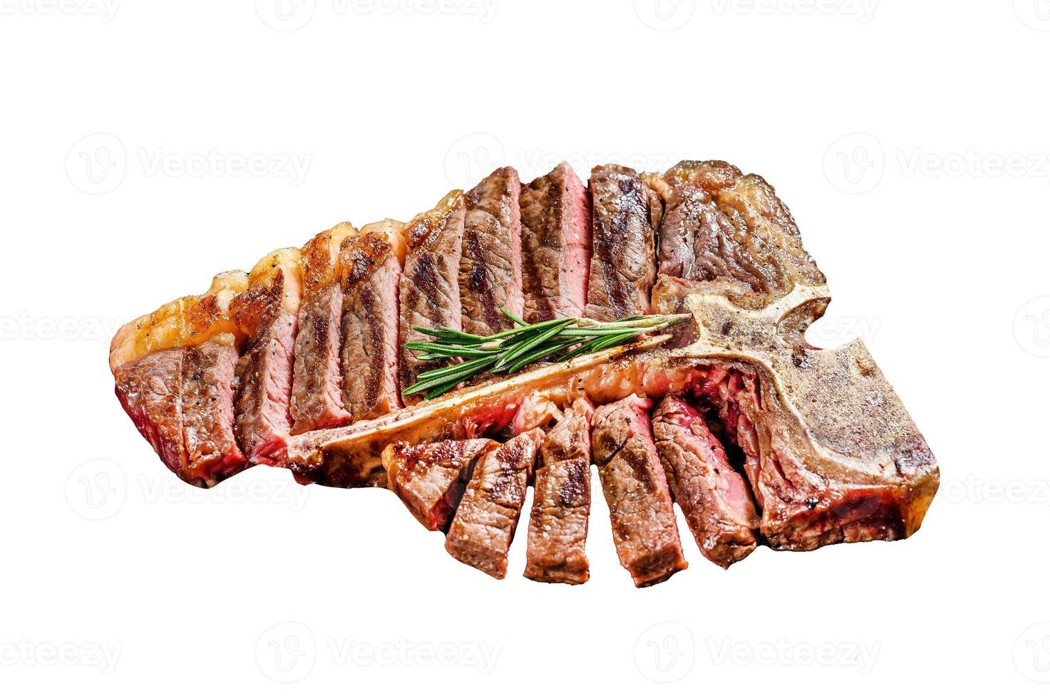 Sliced Grilled T-bone steak. Cooked tbone beef meat. Isolated on white background. Top view. photo