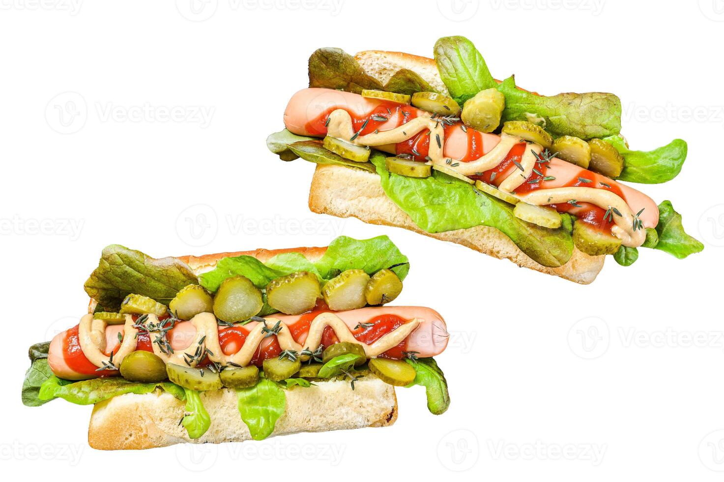 Homemade hot dogs with vegetables, lettuce and condiments. Isolated on white background. Top view. photo