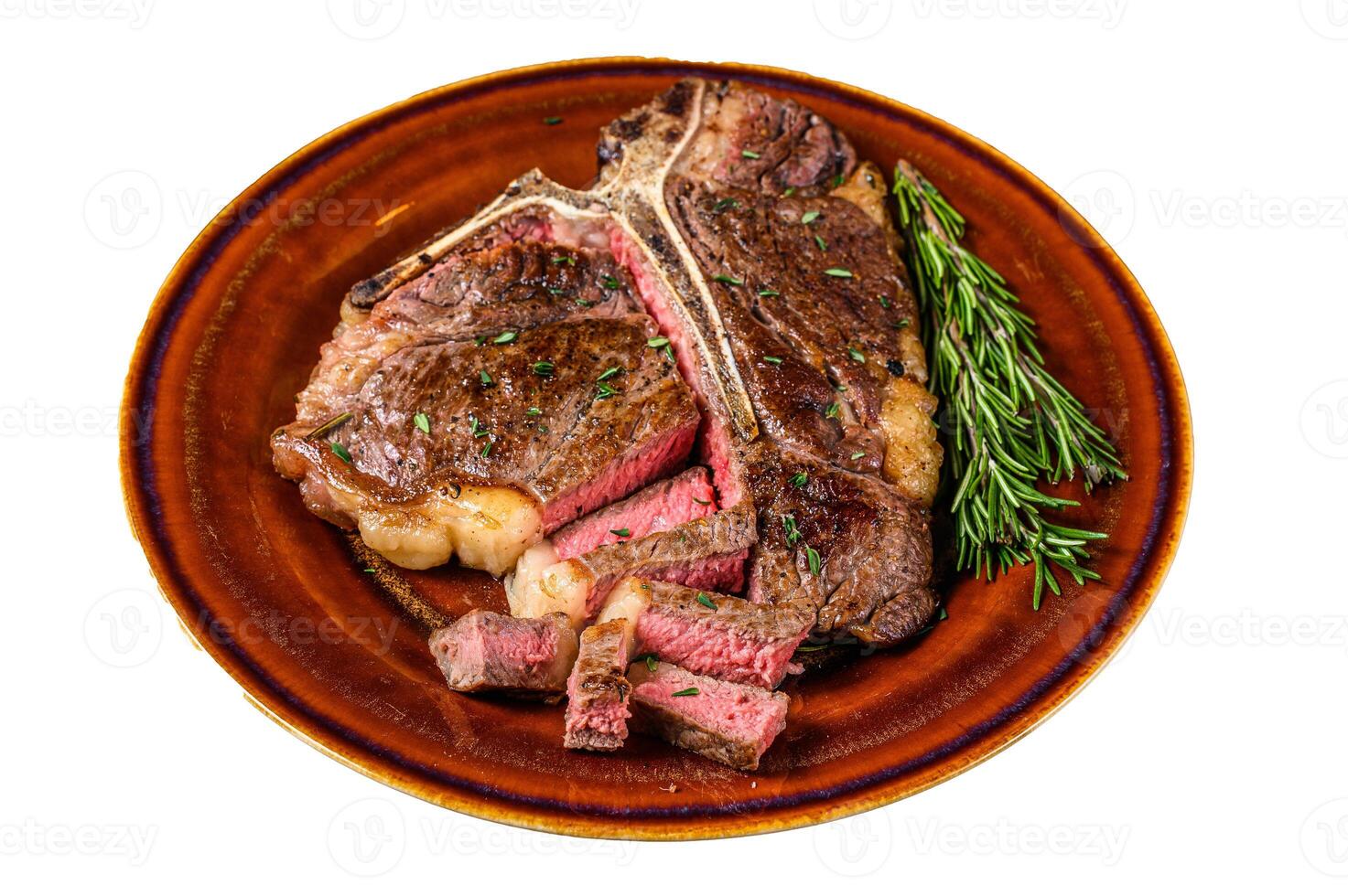 Barbecue Roast porterhouse or t bone beef meat Steak on a rustic plate. Isolated on white background. photo