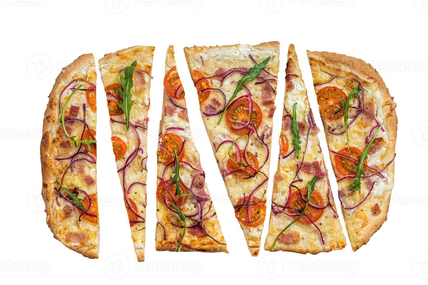 French tarte flambee with cream cheese, bacon, tomato and onions. Flammkuchen from Alsace region. Isolated on white background. photo