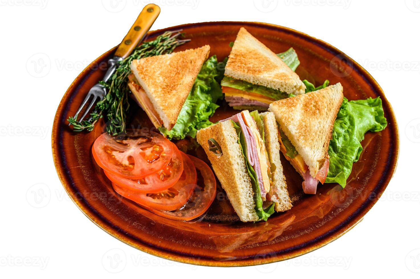 Toasted Club sandwiches with pork ham, cheese, tomatoes and lettuce on a plate. Isolated on white background. photo