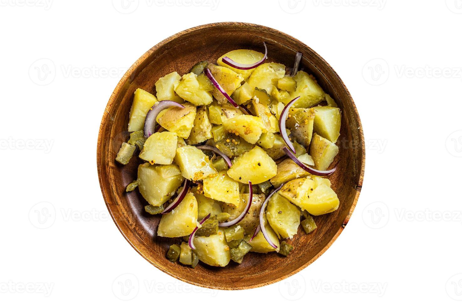 Bowl of warm potato salad with bacon, German Kartoffelsalat. Isolated on white background. photo