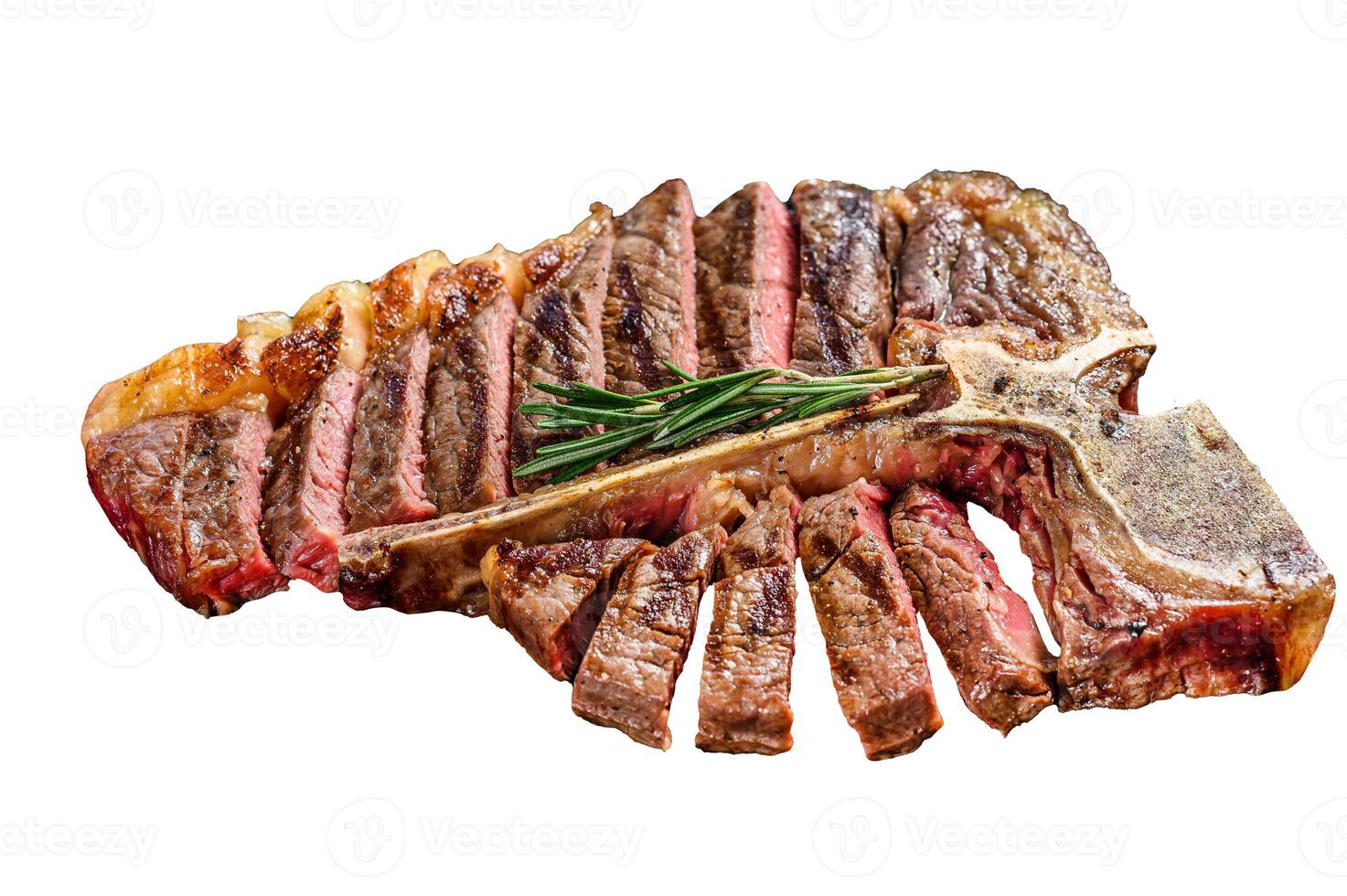 Grilled T-bone steak. Cooked tbone beef. Isolated on white background. photo