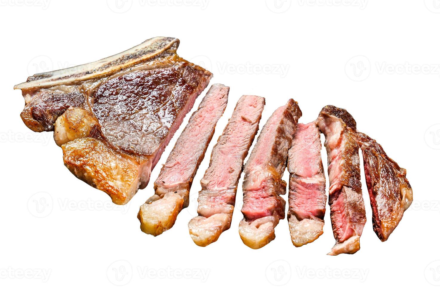 Grilled cowboy or ribeye beef steak with herbs and spices. Isolated on white background. Top view. photo