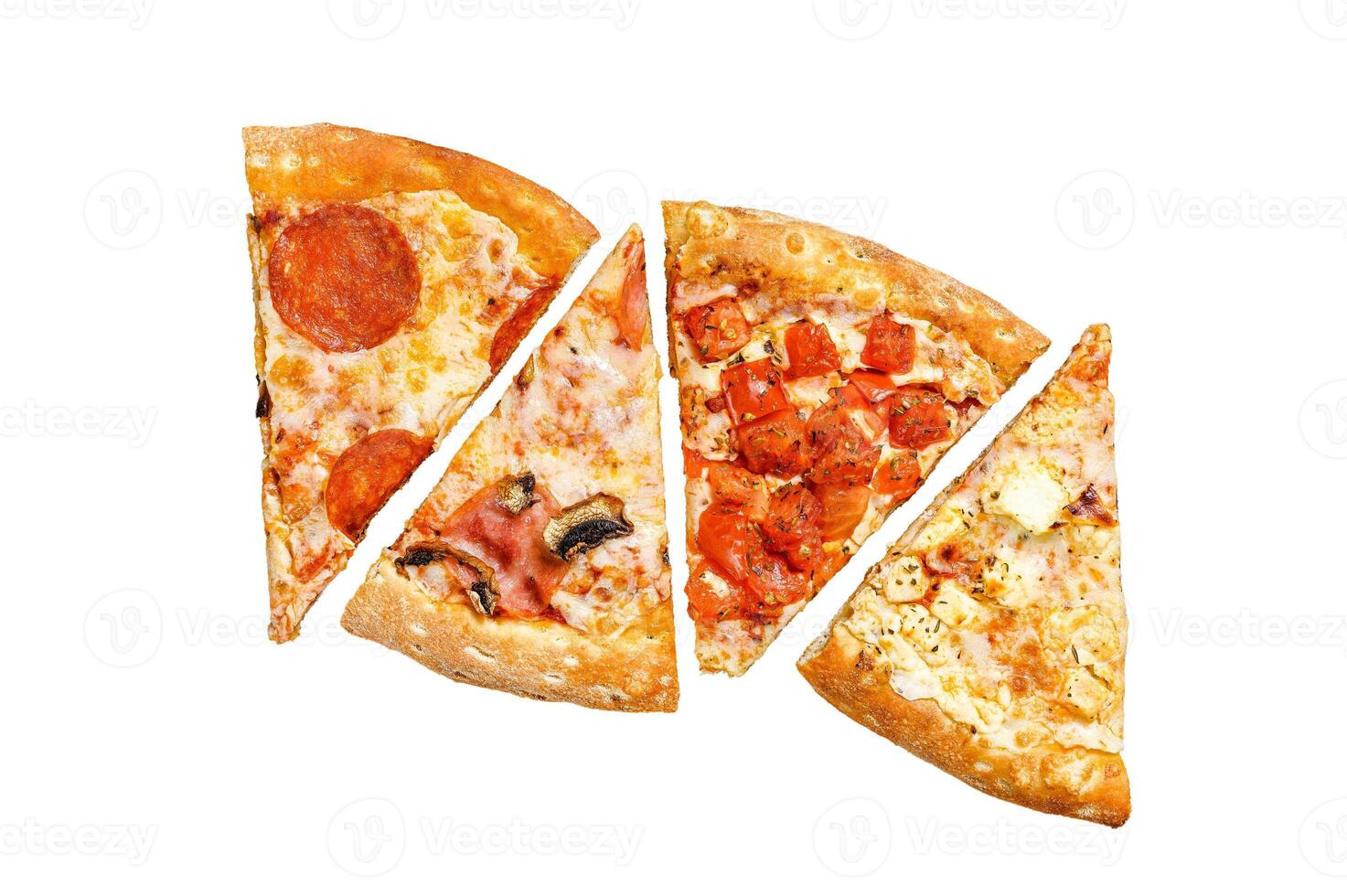 Mix of Italian pizza Isolated on white background. Top view. photo