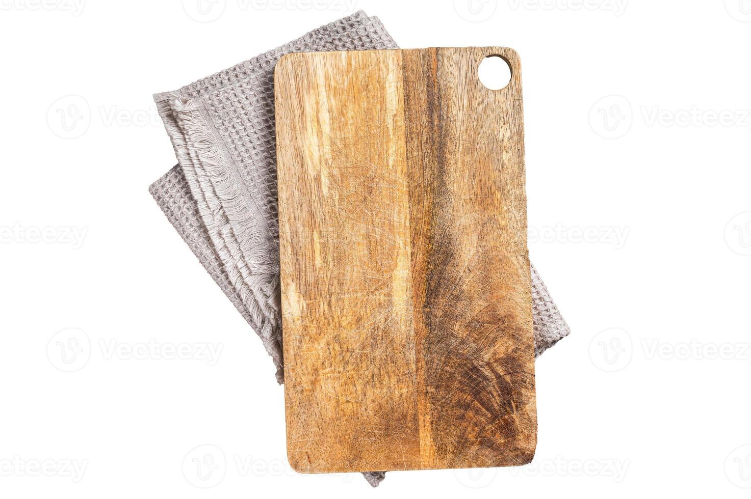 Empty rustic wood cutting board texture, healthy cooking background. Isolated, white background. photo
