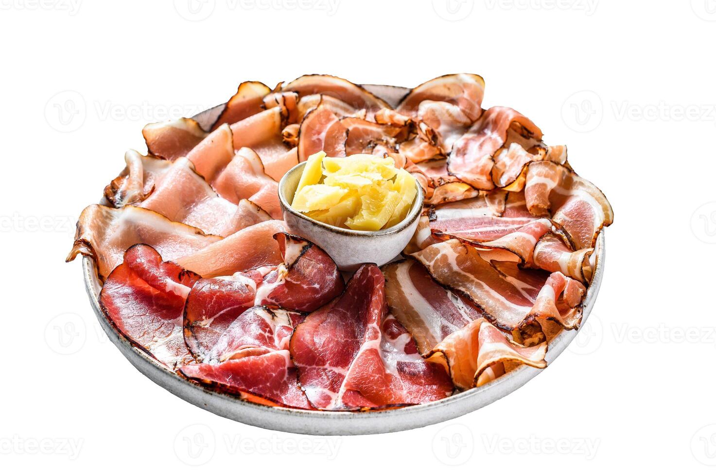 Set of cold cured italian meat Ham, prosciutto, pancetta, bacon. Isolated on white background. photo