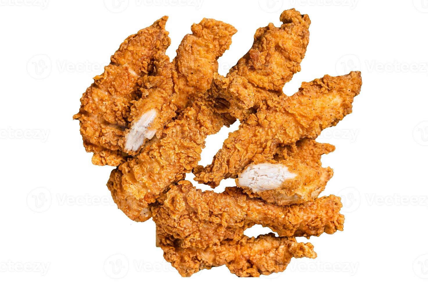 Breaded chicken strips, breast fillet meat on a plate. Isolated, white background. photo