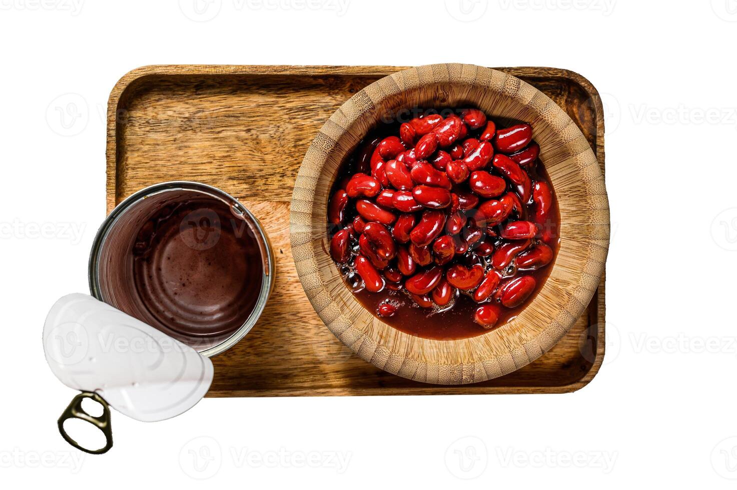 Red canned beans in an aluminum can. Isolated on white background. Top view. photo