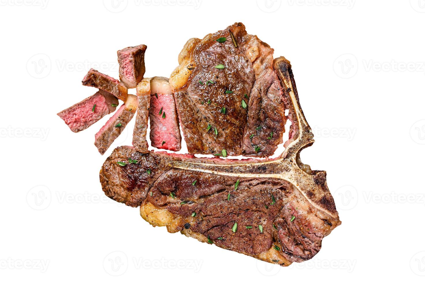 Barbecue Roast porterhouse or t bone beef meat Steak on a rustic plate. Isolated on white background. photo