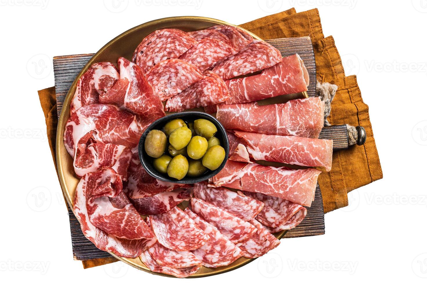 Cured meat platter of traditional Italian appetizers with Prosciutto crudo, Salami and Coppa Sausage. Isolated, white background. photo