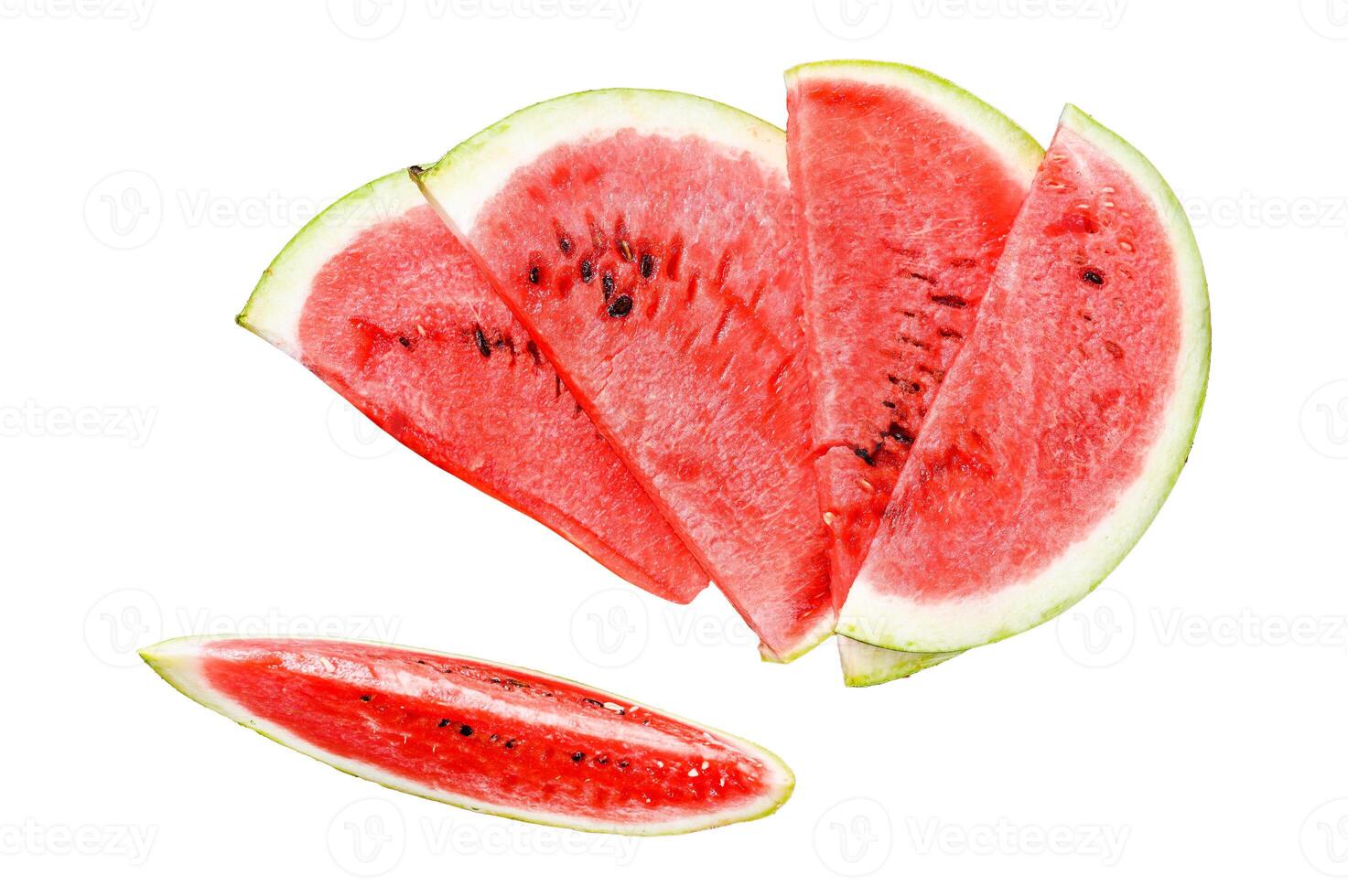 Slices of red striped watermelon. Isolated on white background. Top view. photo