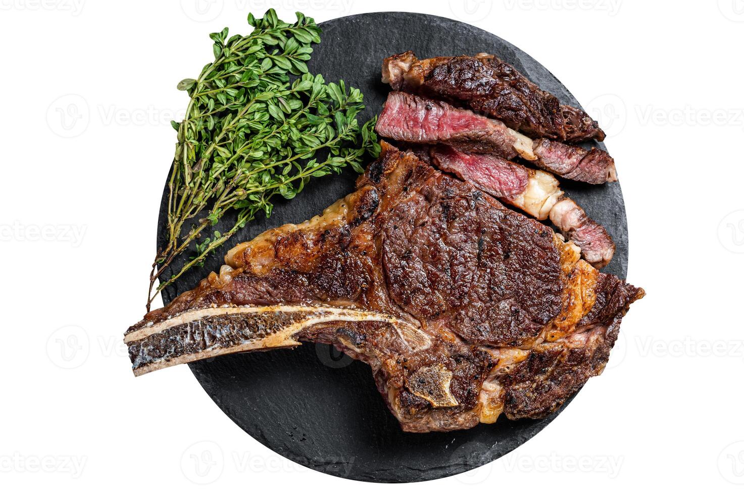 Roasted Tomahawk or cowboy with bone beef meat steak. Isolated on white background. photo