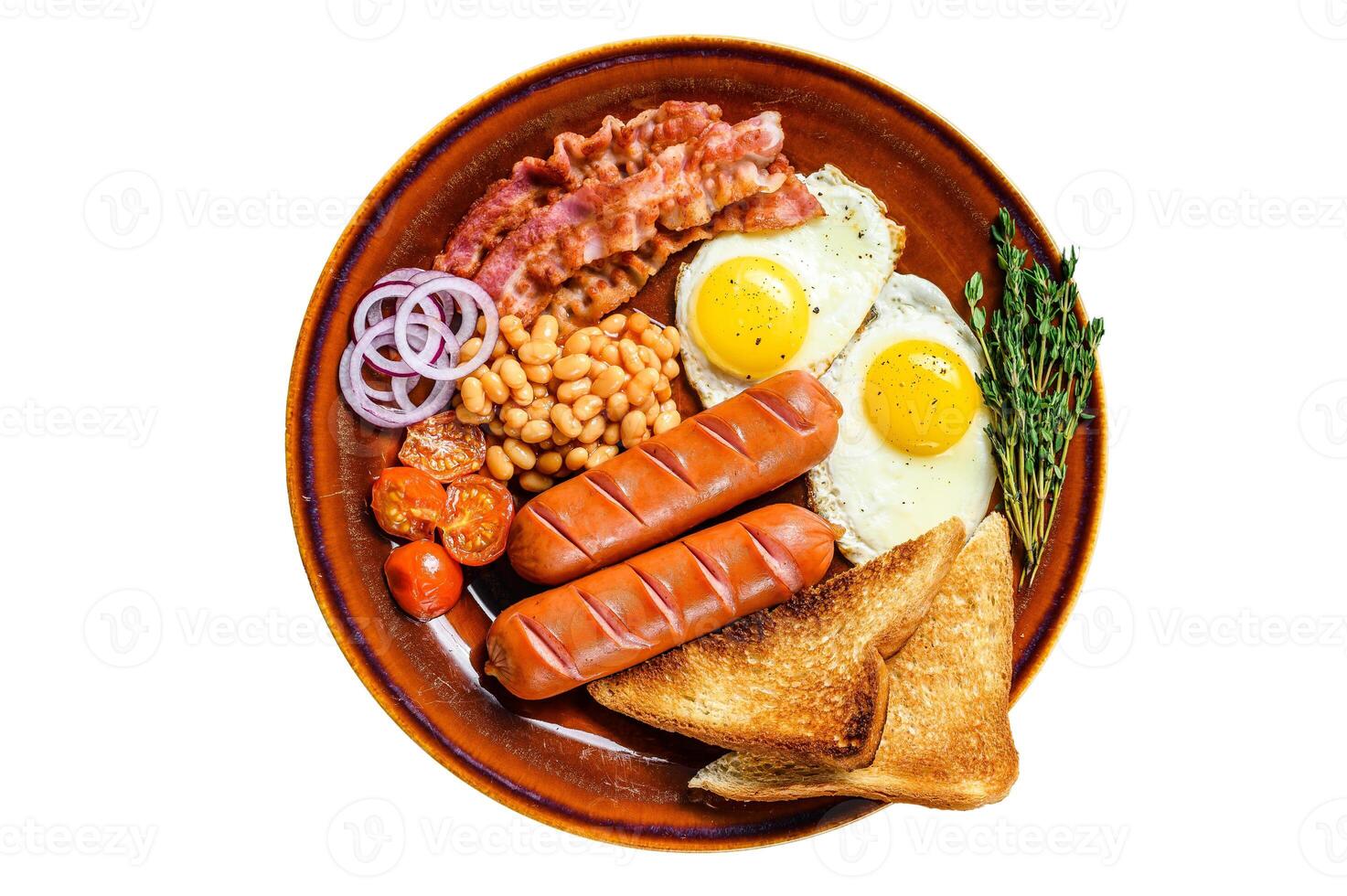 Traditional Full English breakfastt with fried eggs, sausages, bacon, beans and toasts. Isolated on white background. photo