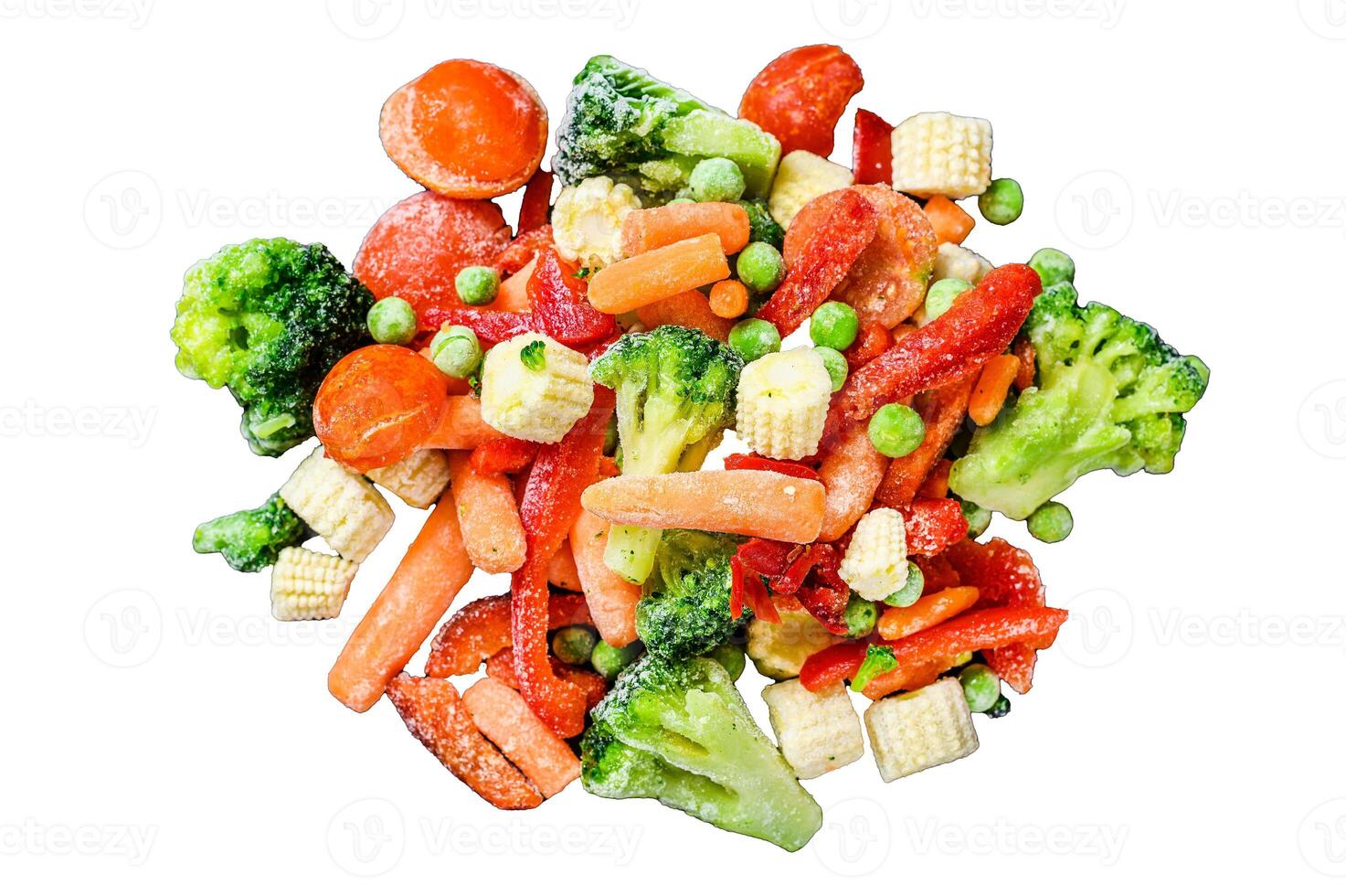 Frozen cold sliced Vegetables, broccoli, sweet peppers, tomatoes, carrots, peas and corn. Isolated on white background, Top view. photo