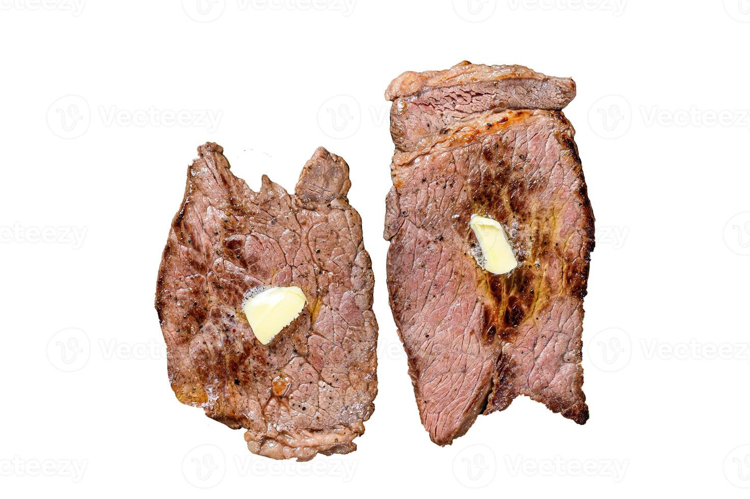 Grilled beef meat chop round steak Isolated on white background, Top view. photo