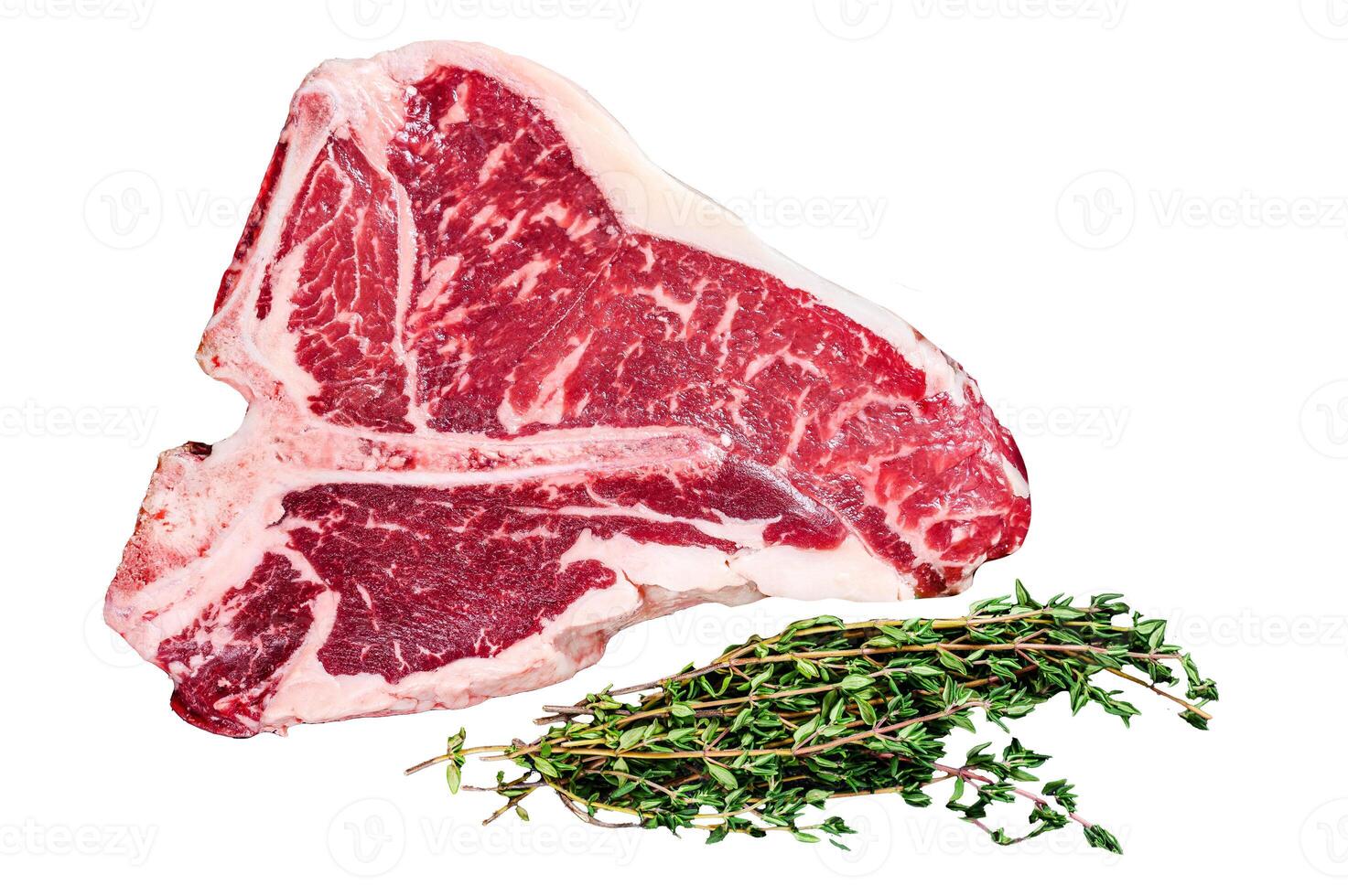 Dry-aged Raw T-bone or porterhouse beef meat Steak with herbs and salt. Isolated on white background, top view. photo