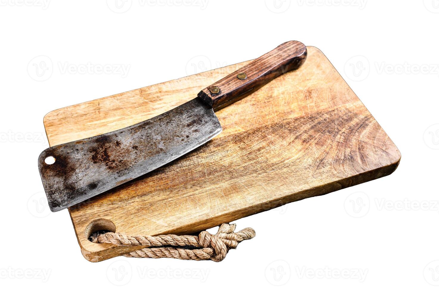 Vintage butcher meat cleaver on concrete board. Isolated on white background. Top view. photo