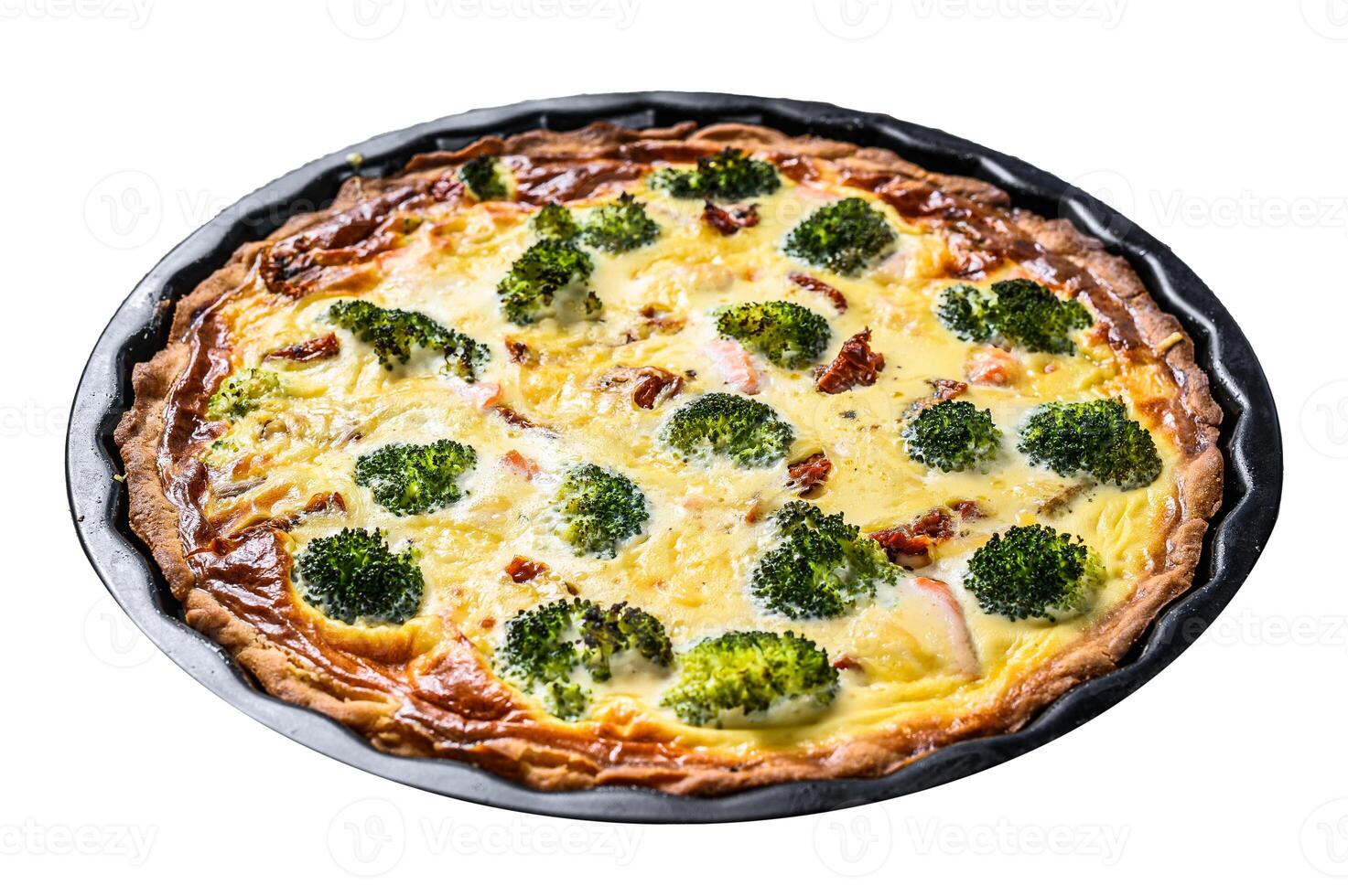 Quiche tart with smoked salmon, broccoli and spinach. Isolated on white background. Top view. photo