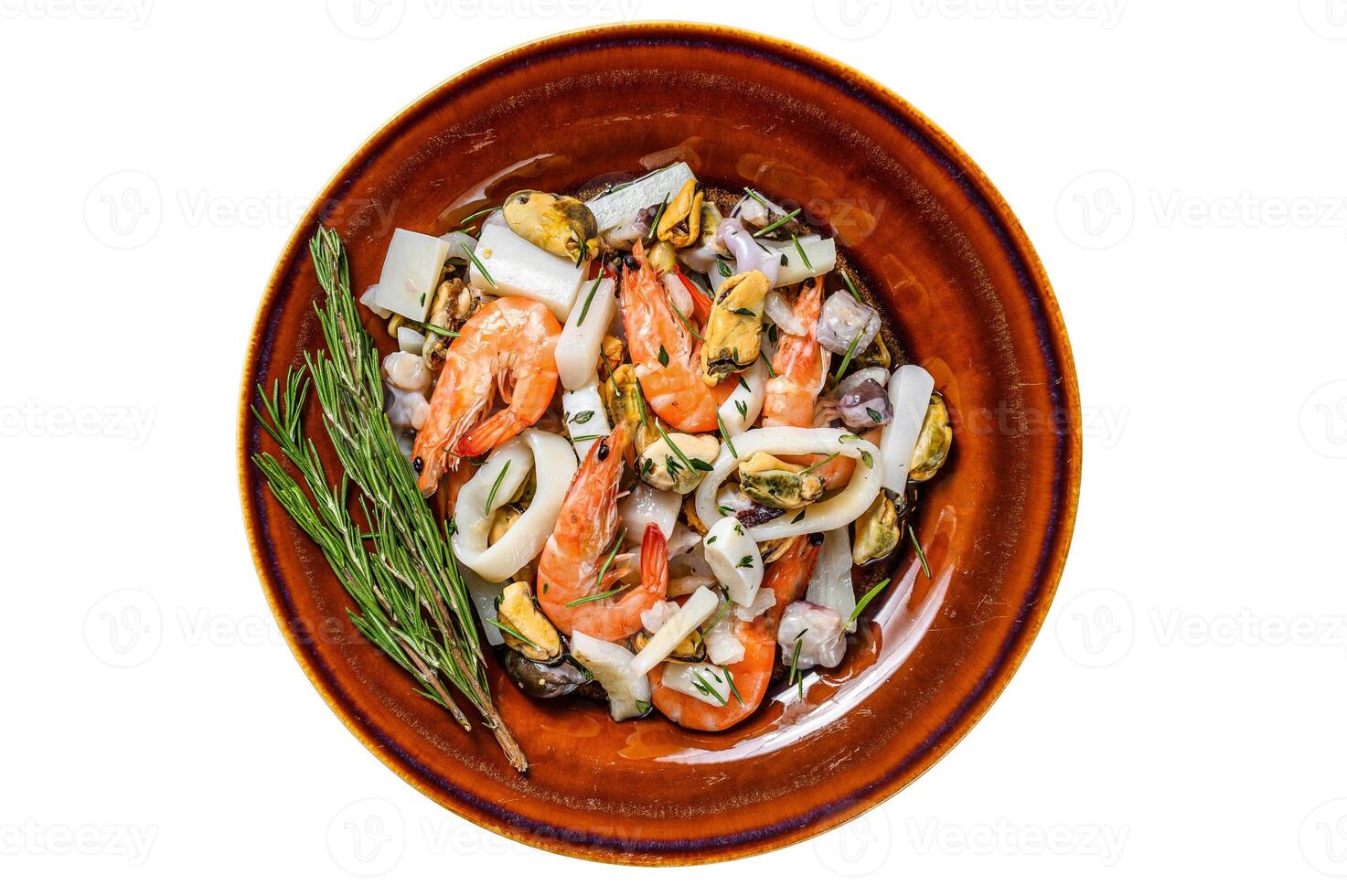 Raw mix seafood cocktail with shrimps, prawns, mussels, squids and octopus on a cutting board. Isolated on white background. photo