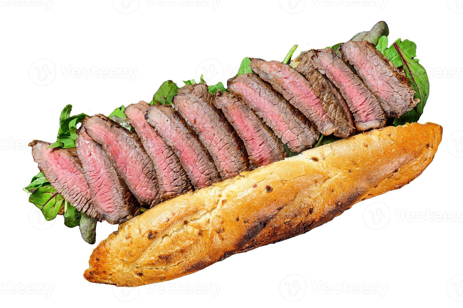 Grilled baguette steak sandwich with arugula and cheese. Isolated on white background, Top view. photo