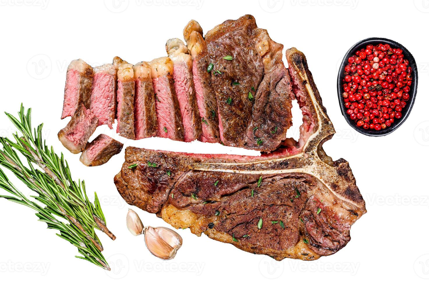 Grilled italian Florentine or t bone beef meat Steak Isolated on white background, top view. photo