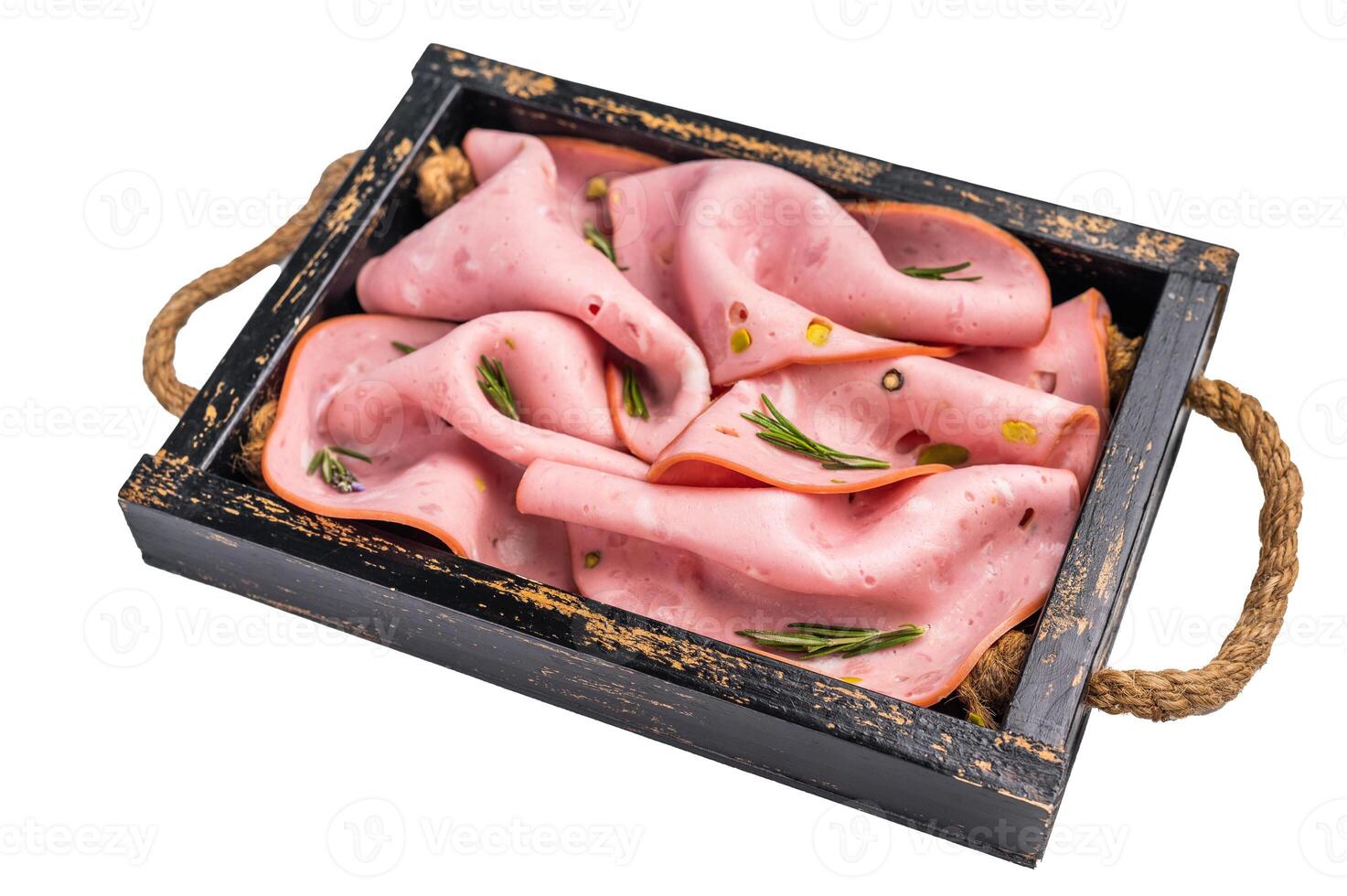 Mortadella Bologna slices with pistachios for breakfast in wooden tray isolated on white background. top view photo