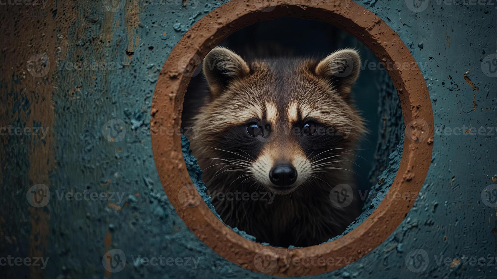 Curious raccoon peeking through a round hole in a blue wall, close-up view Animal curiosity concept. photo