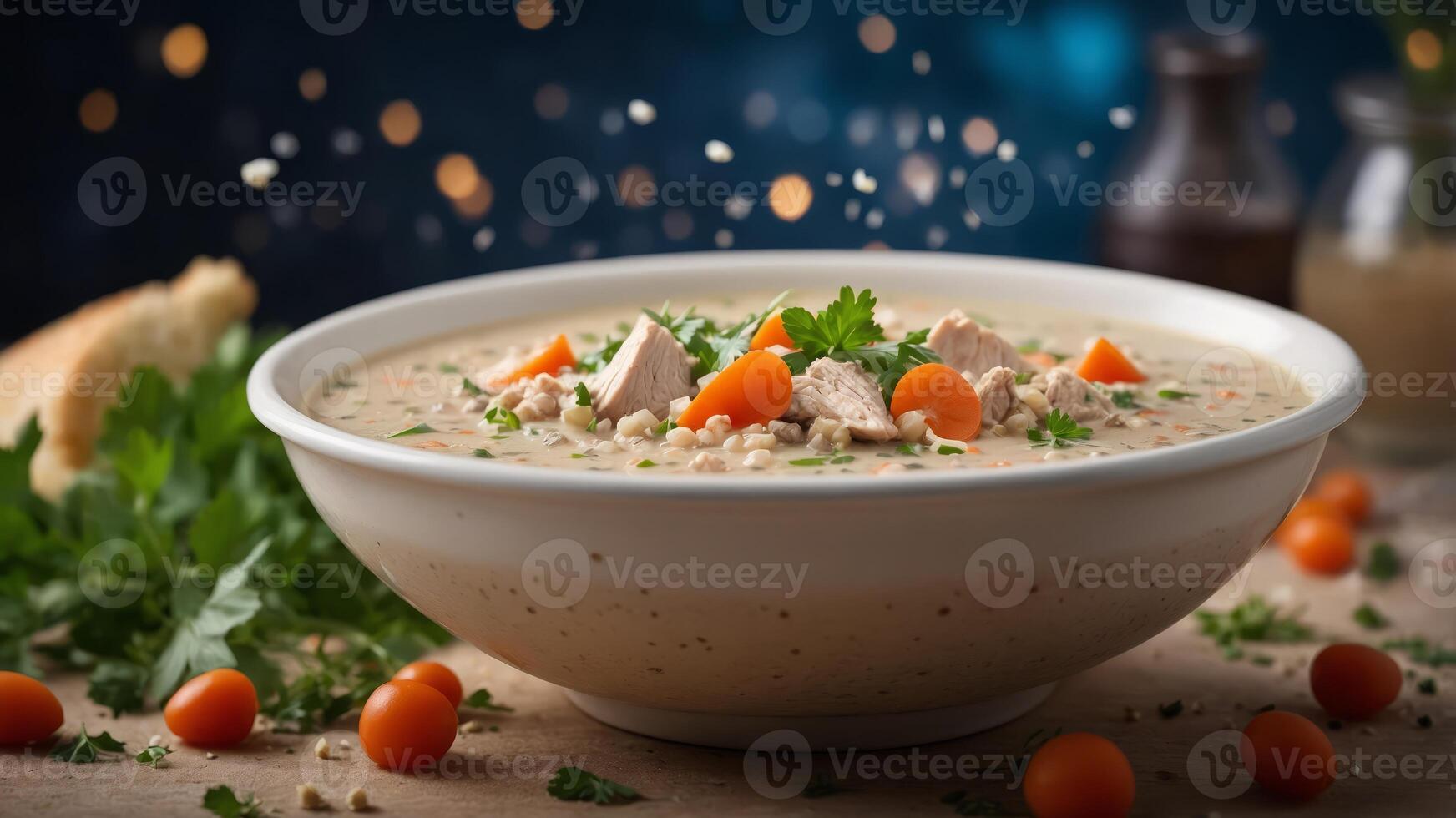 A creamy buckwheat and chicken soup with a hint of e and a sprinkle of fresh herbs. photo