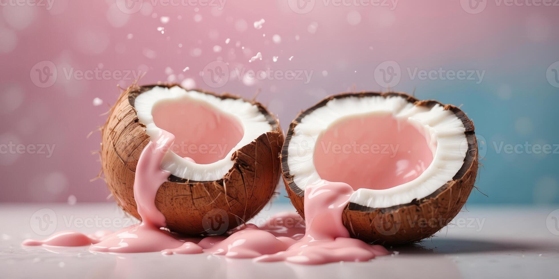 Coconut cracked in half with pink milk pouring Minimal food creative idea Abstract pastel background. photo