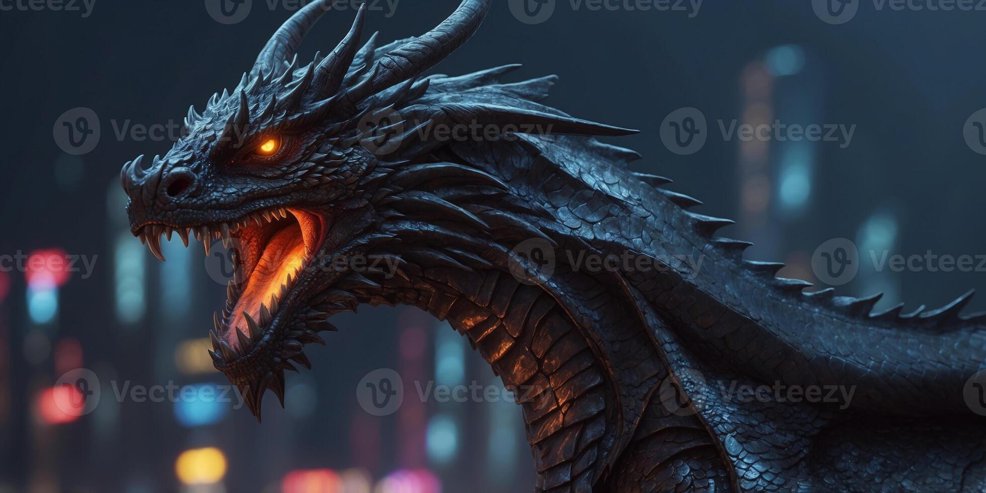 A menacingly elegant Stygian avant-garde dragon, its sleek obsidian scales shimmering with a dark iridescence against a neon cyberpunk cityscape. photo