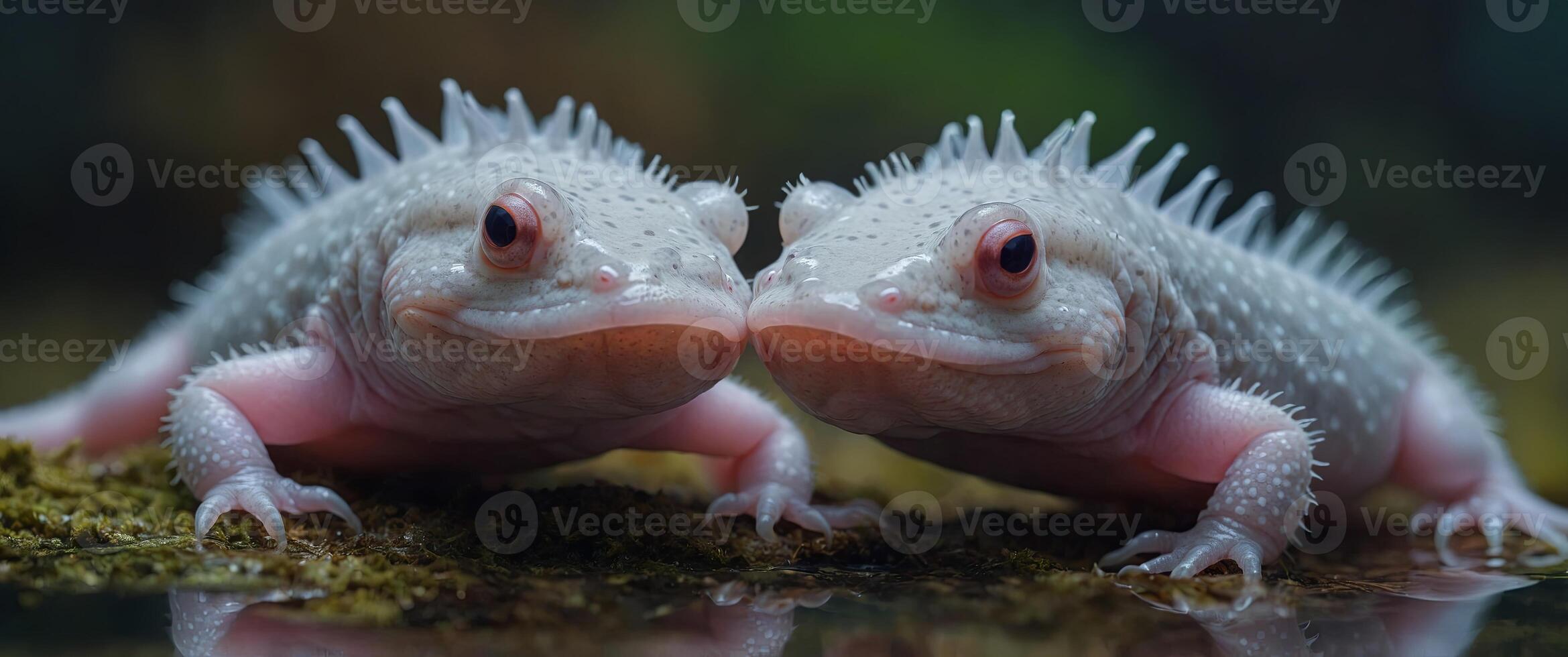 Two axolotls, a type of salamander, are smiling at each other. photo