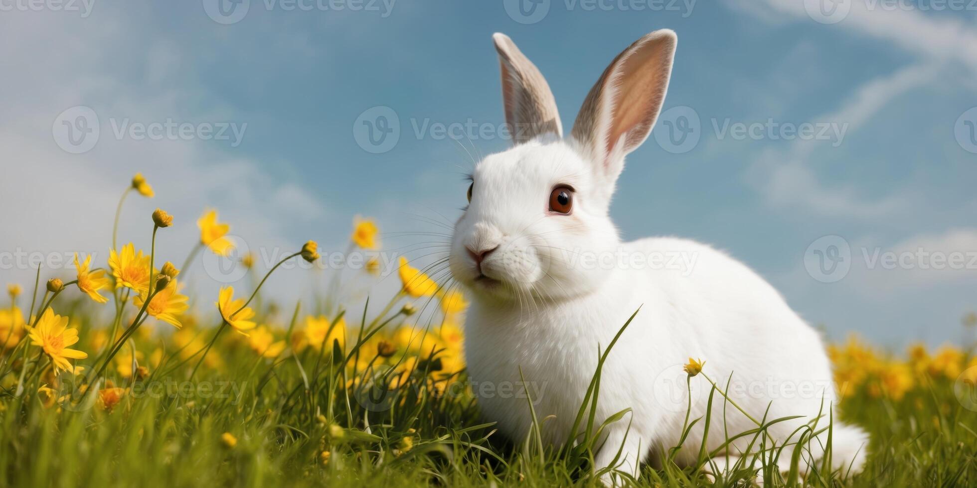 A small white rabbit sitting in the grass in a field of yellow flowers. photo