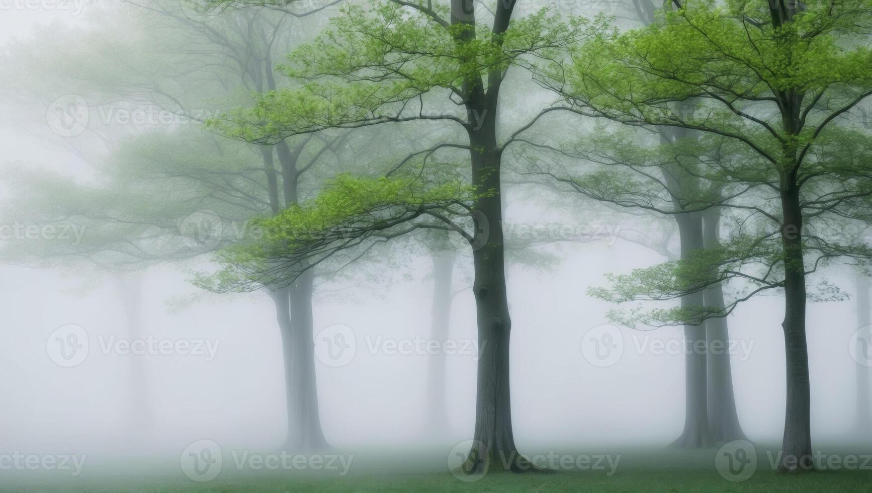 A forest brimming with lush green trees shrouded in fog. photo