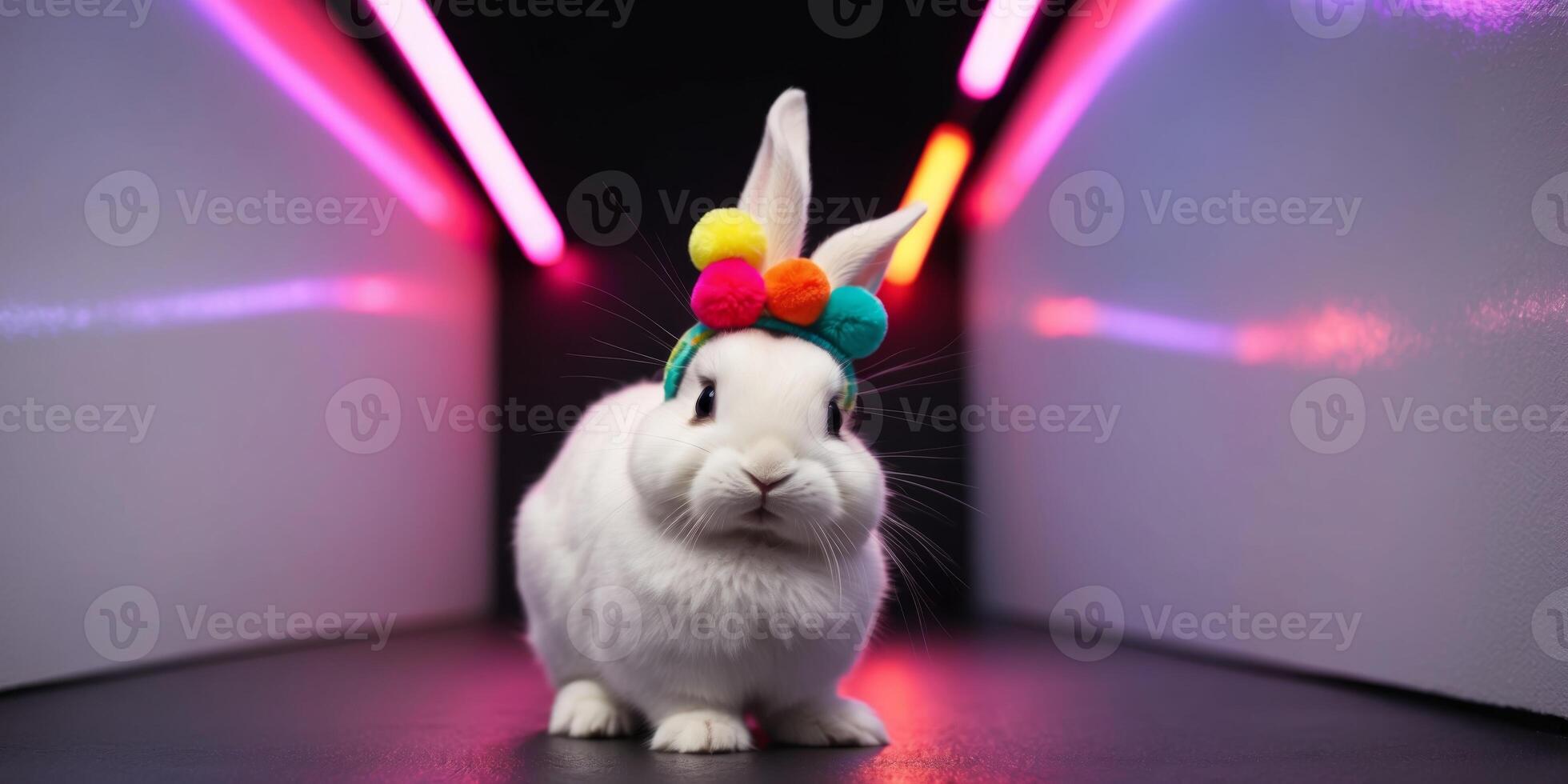 Cute bunny with spiky headband in neon lights. photo