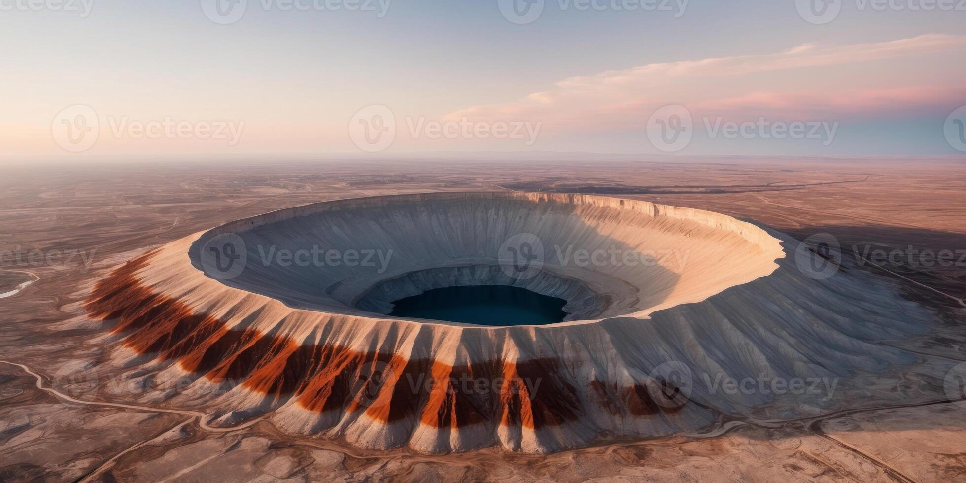 Aerial view of a massive crater in a barren desert landscape at dawn. photo