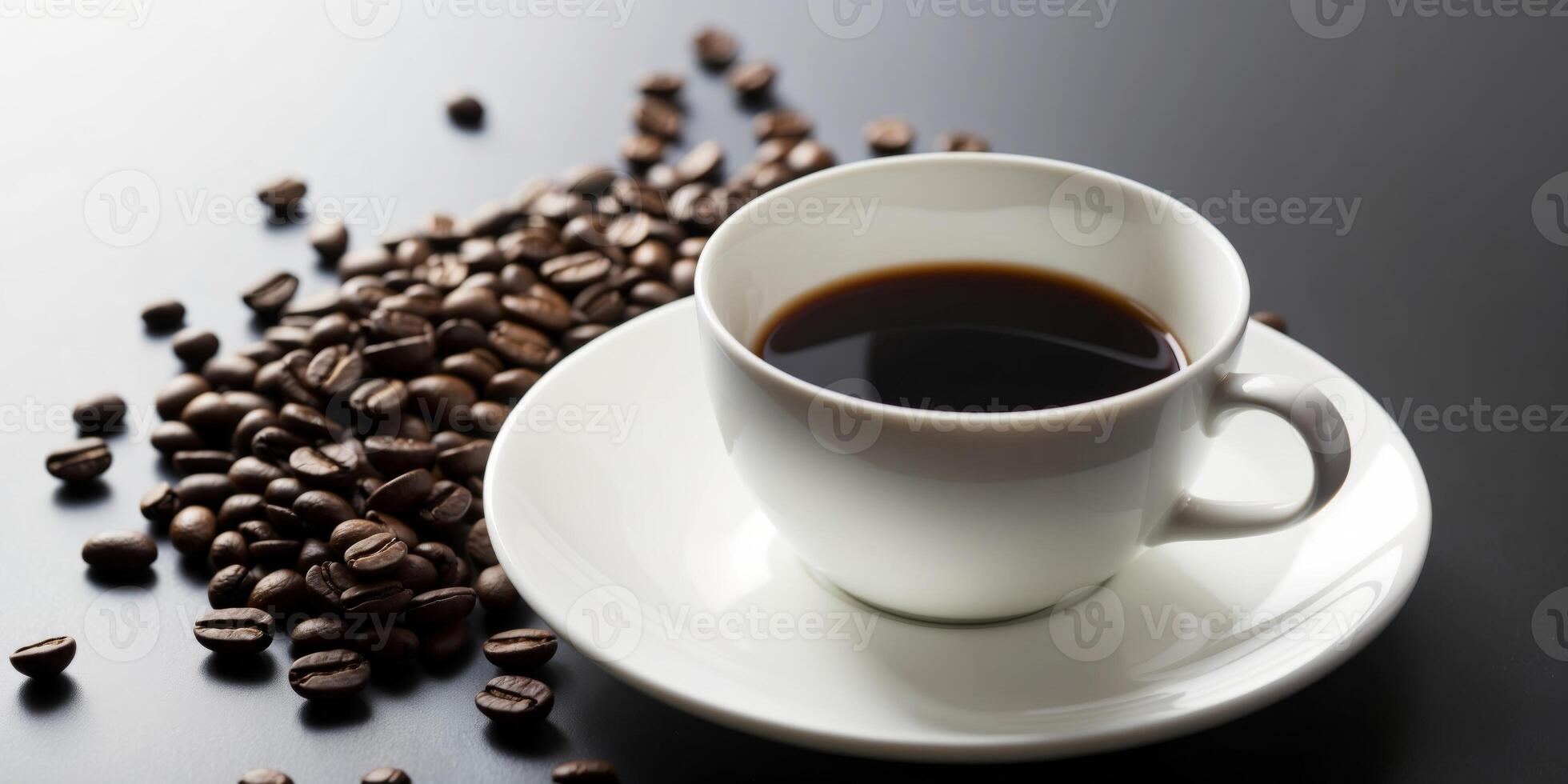 A white coffee cup on a white saucer with coffee beans falling around it on a black background. photo