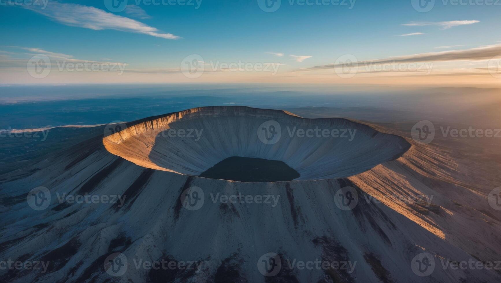 Aerial view of Earth's surface with a large crater illuminated by sunlight during dawn. photo