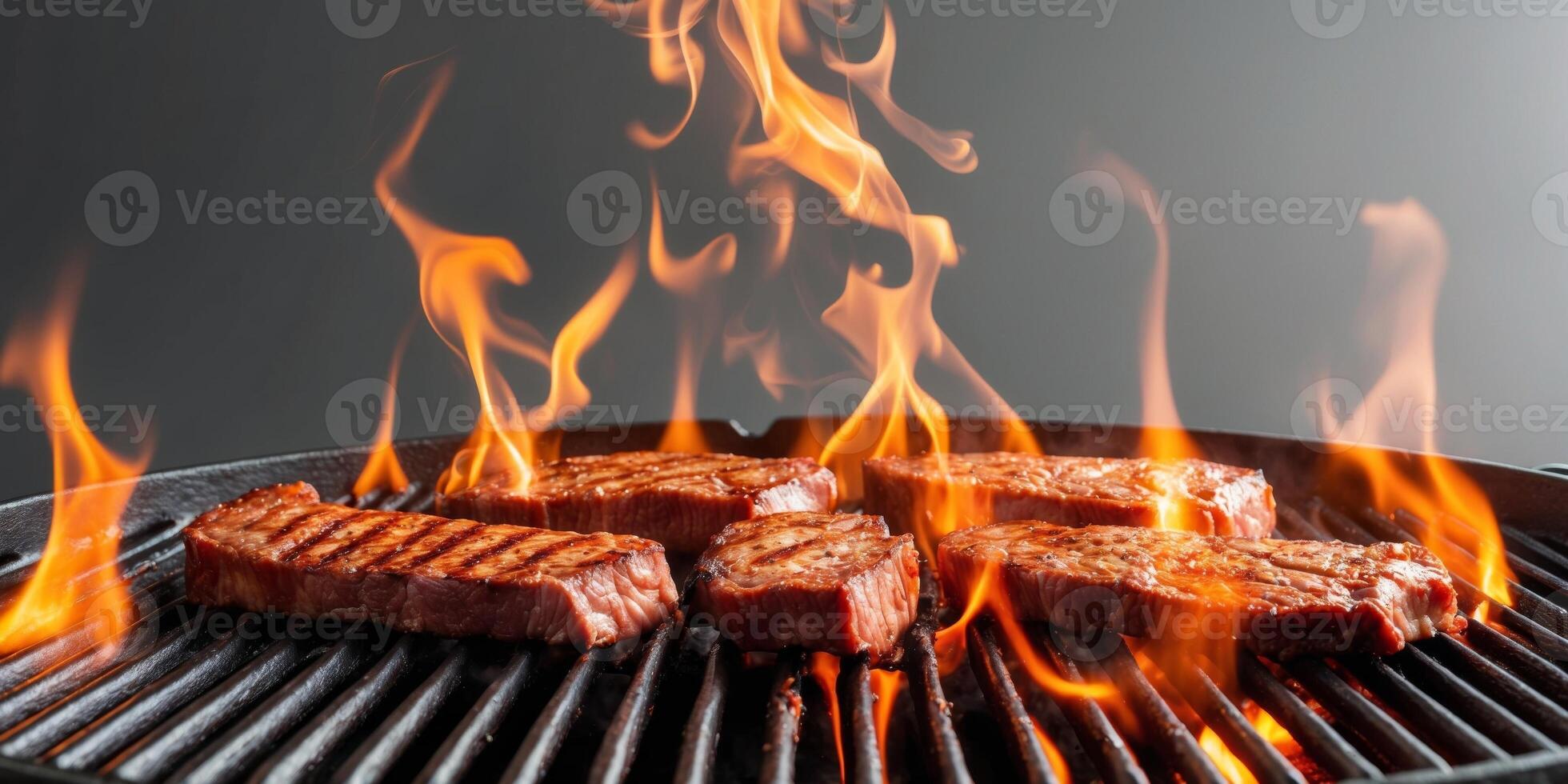 Sizzling beef on grill featuring fiery flames enhancing the grilling process for flavorful results. photo