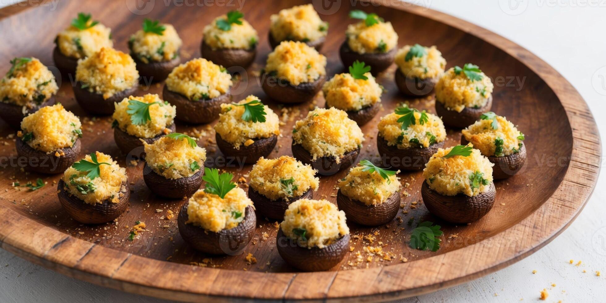 Delicious Stuffed Mushroom Appetizers With Bread Crumbs as well as Fresh Parsley on a Rustic Wooden Platter. photo