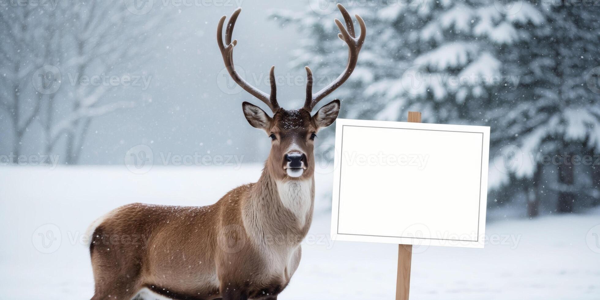 Reindeer Holding a Blank Sign in the Snow. photo